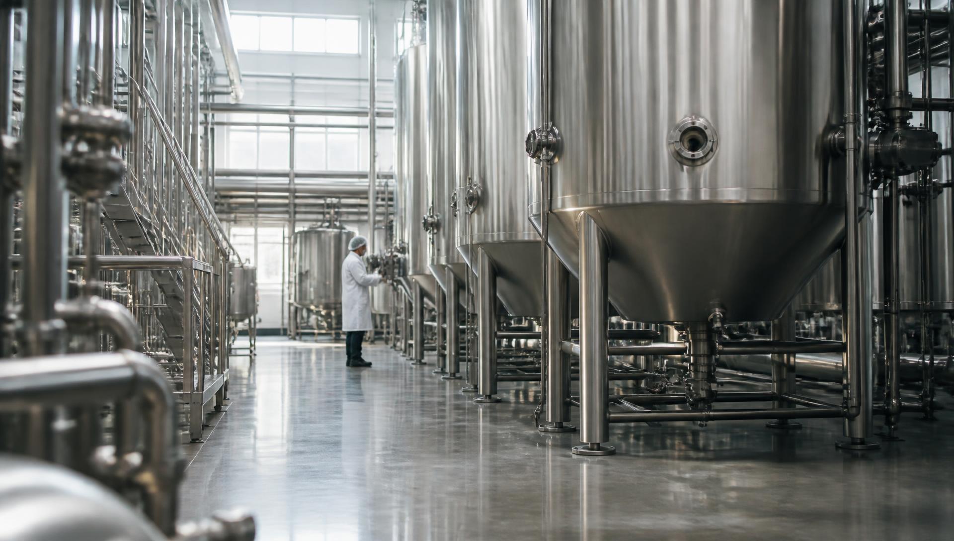 Stainless steel processing vessels in a supplement manufacturing hall