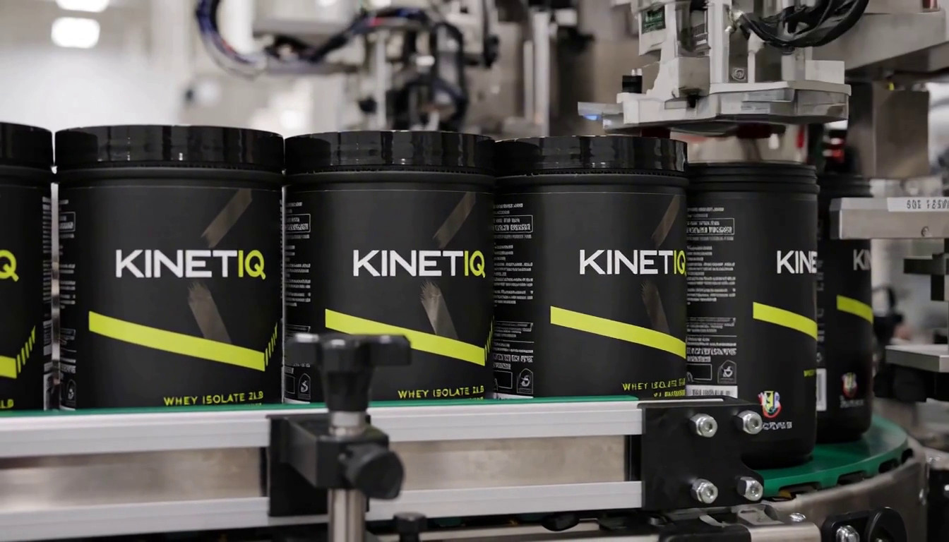 Finished protein tubs travelling down the conveyor after labeling and coding