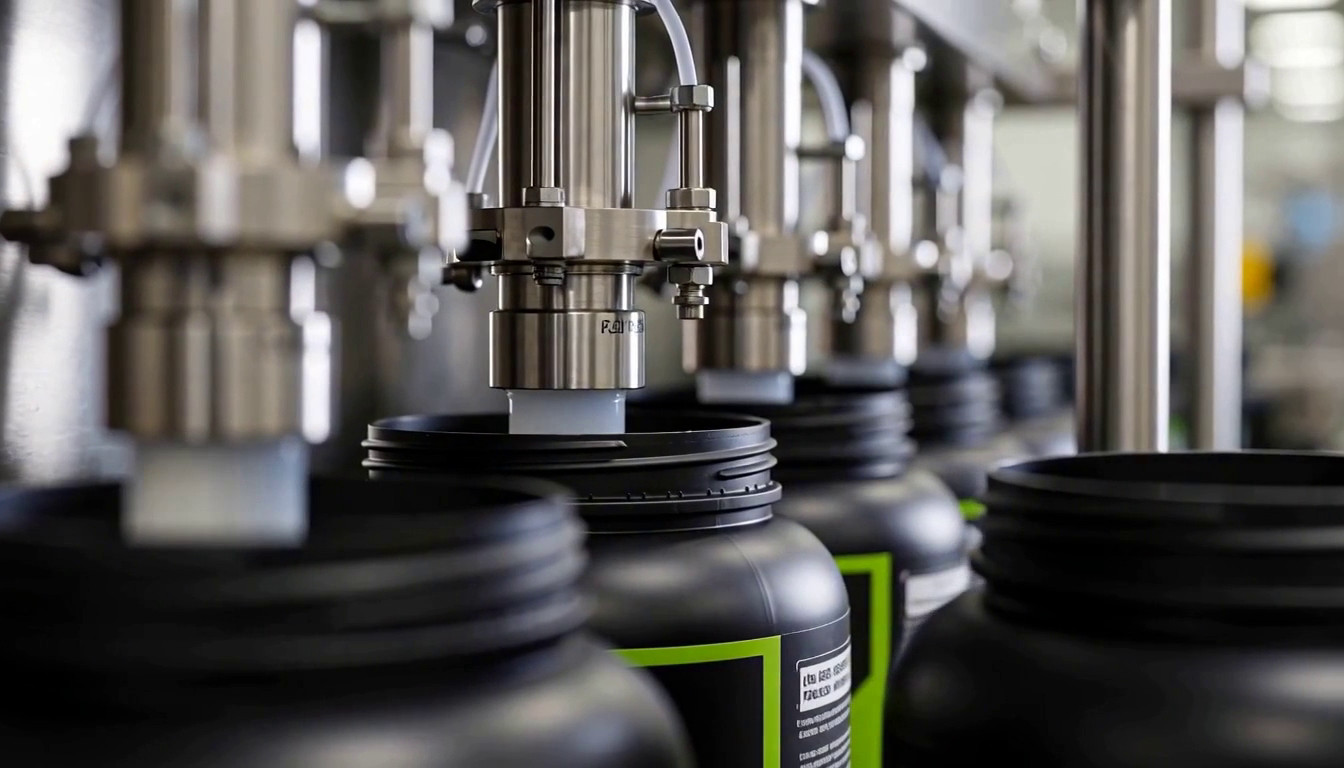 Automated filling heads dosing powder into tubs on the line