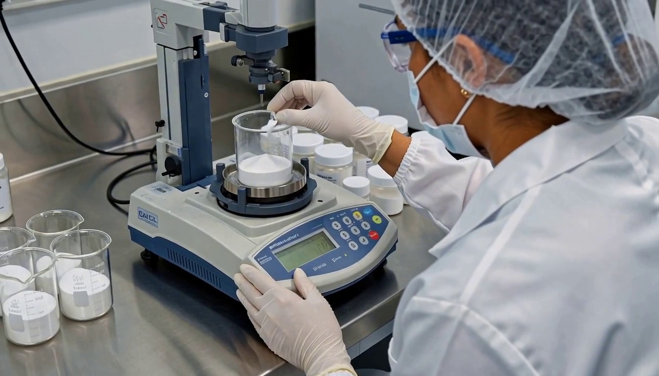 Analyst weighing a powder sample on a laboratory balance