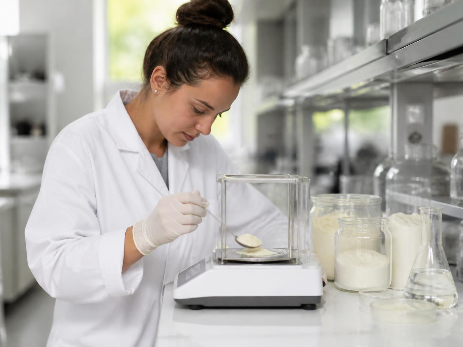 Formulator weighing a nutritional powder on a precision balance
